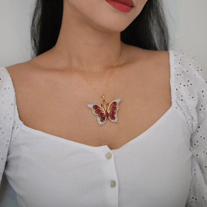 14K YG 2 in 1 Butterfly Ruby Diamond Pendant - 1 pc