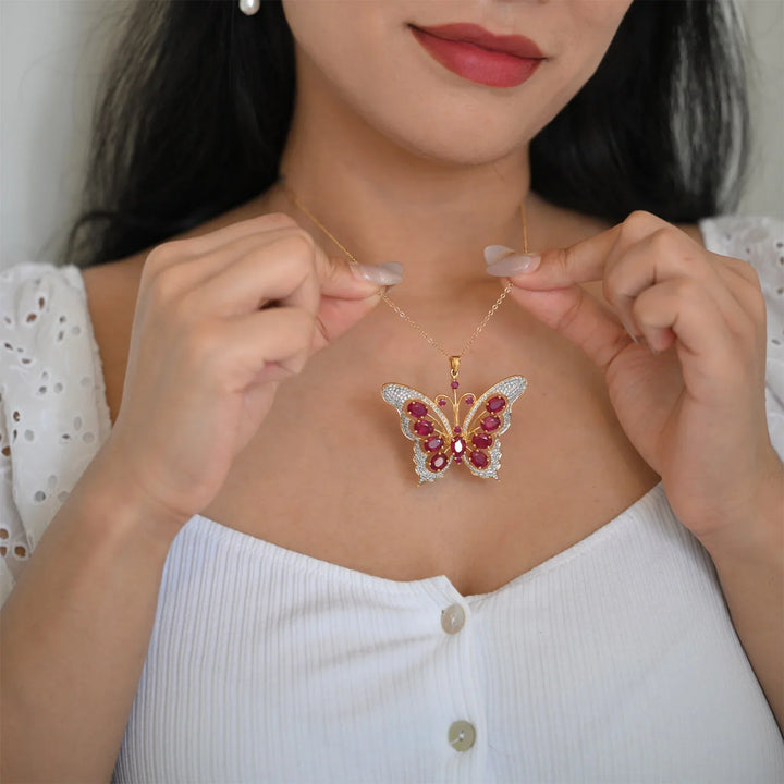 14K YG 2 in 1 Butterfly Ruby Diamond Pendant - 1 pc