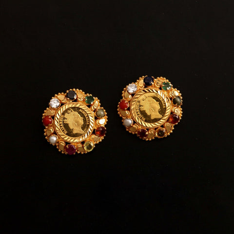 22K+24K YG Gold Coin Navaratna Earring-1Pair