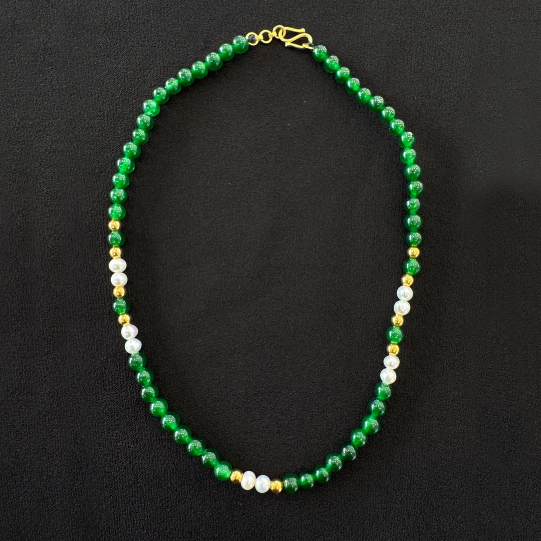 Green Stone Pearl Necklace – 22K YG FW
