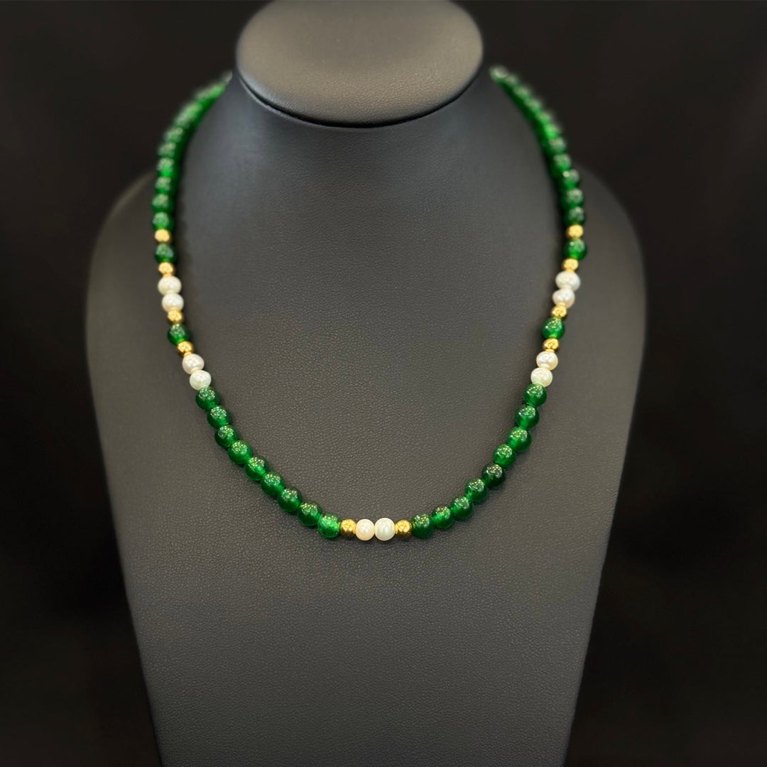 Green Stone Pearl Necklace – 22K YG FW