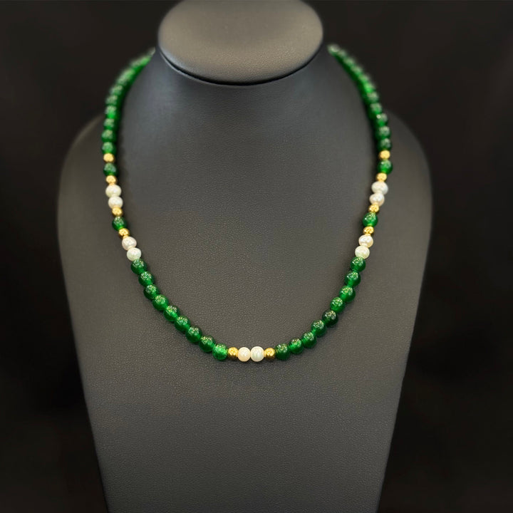Green Stone Pearl Necklace – 22K YG FW