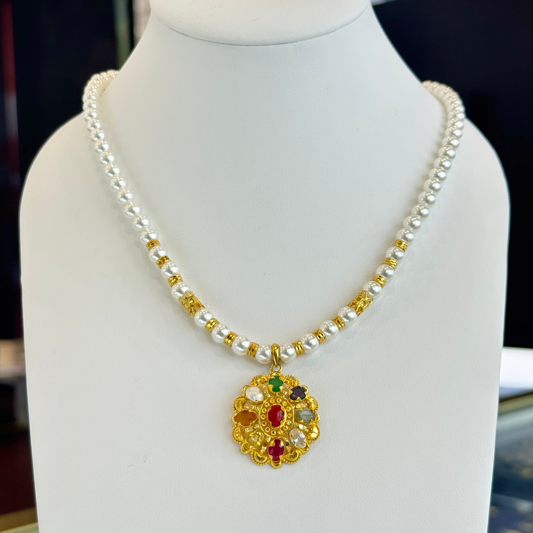 22K YG Navaratna Pearl Mala Necklace-1pc