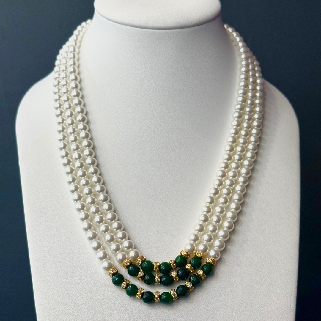 22K YG 3 Layer Pearl Green Stone Mala Chandrahaar-1pc