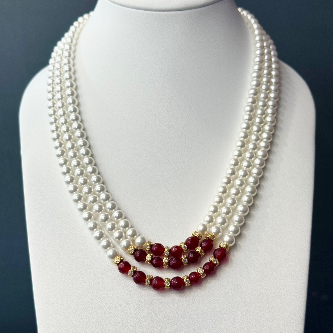 22K YG 3 Layer Pearl Red Stone Mala Chandrahaar-1pc