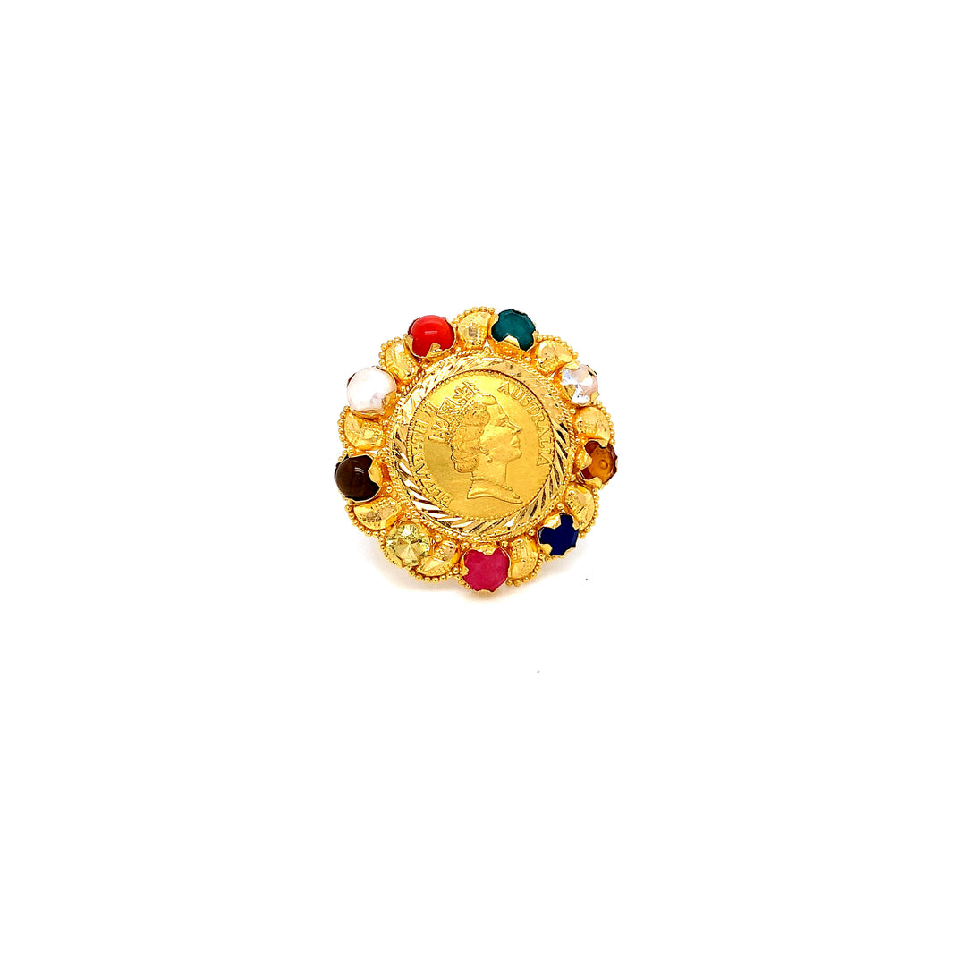 22K+24K YG Stone Coin Ring-1pc