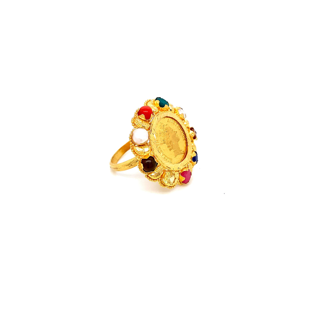 22K+24K YG Stone Coin Ring-1pc
