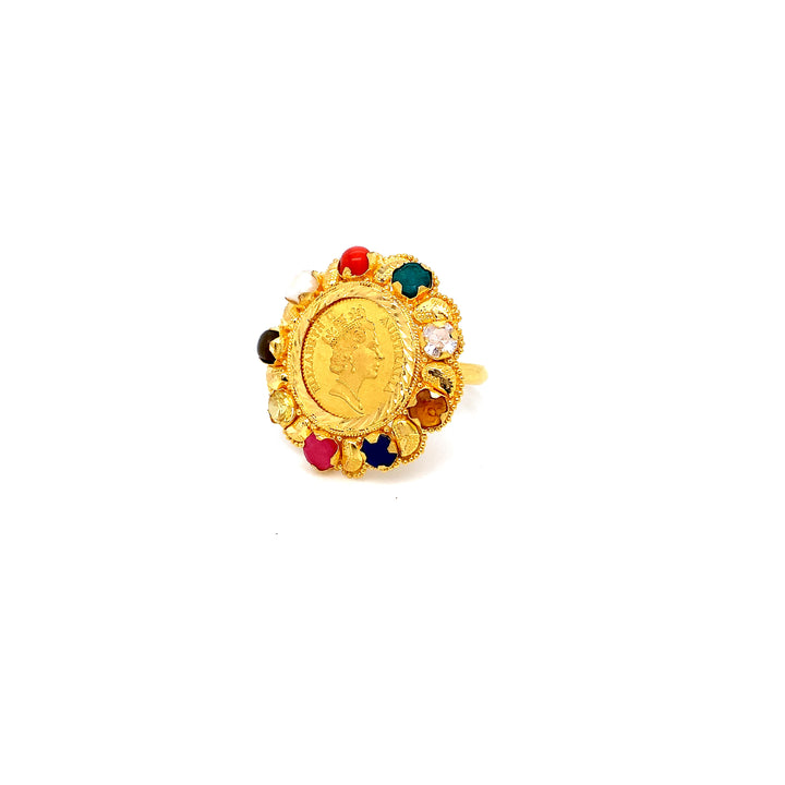 22K+24K YG Stone Coin Ring-1pc