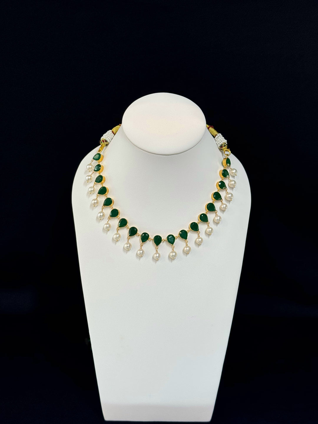 22K YG Onyx Green Stone with Pearl Princess Necklace-1pc