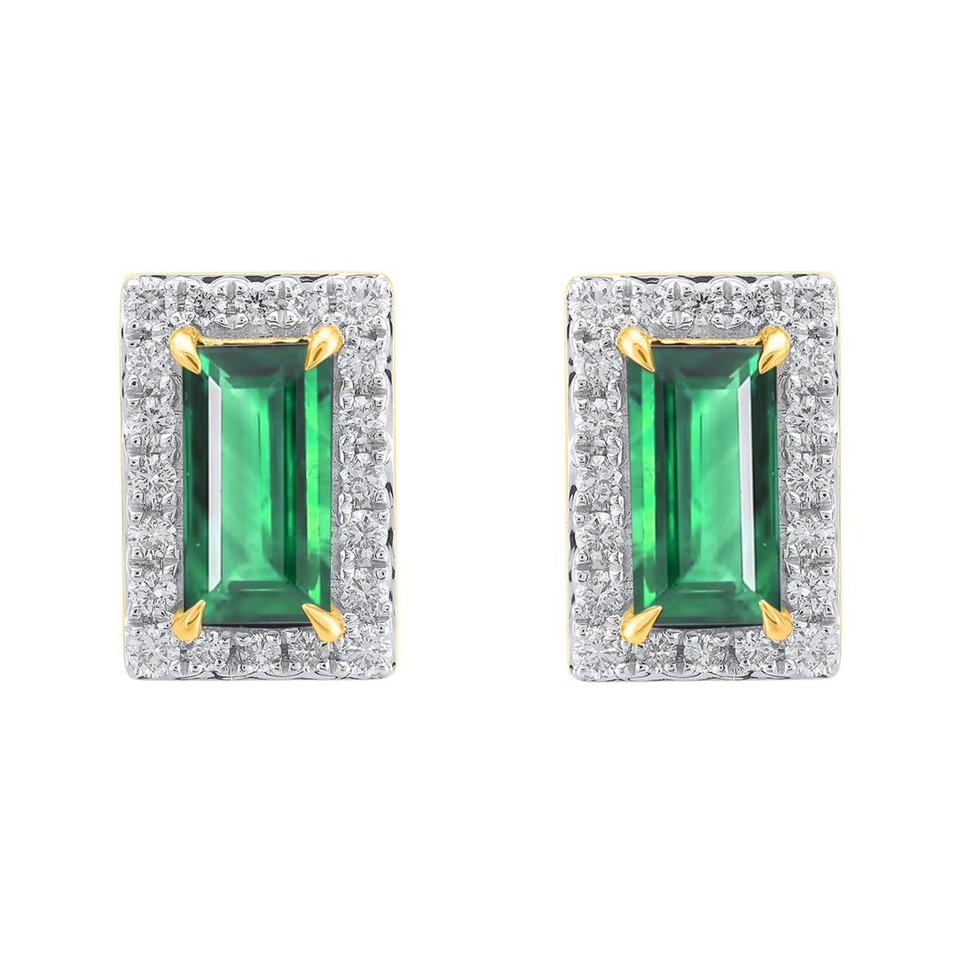 14K YG Cluster Diamond with Lab Created Emerald Earring- 1pair