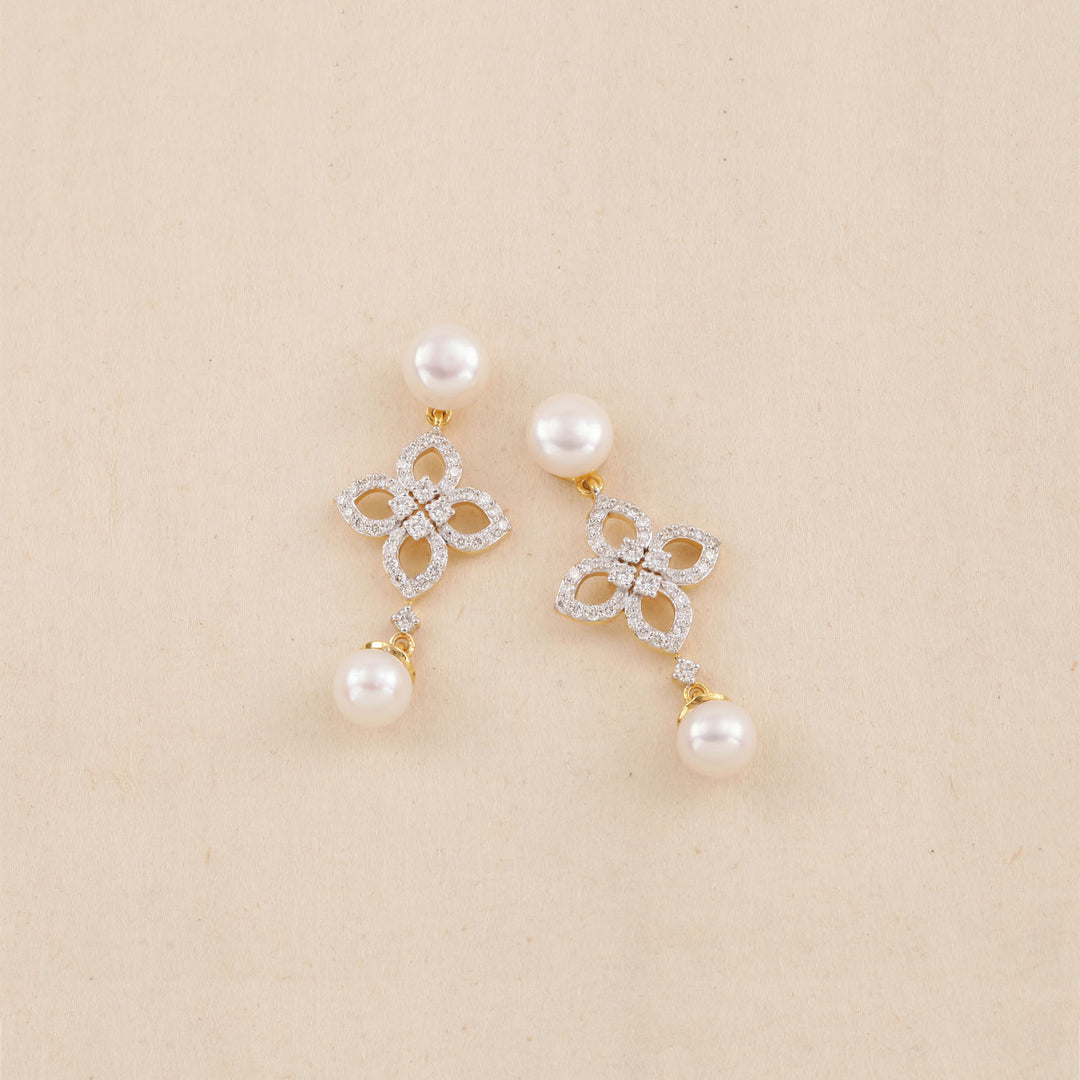 14K YG Cluster Diamond with Pearl Earring- 1pair