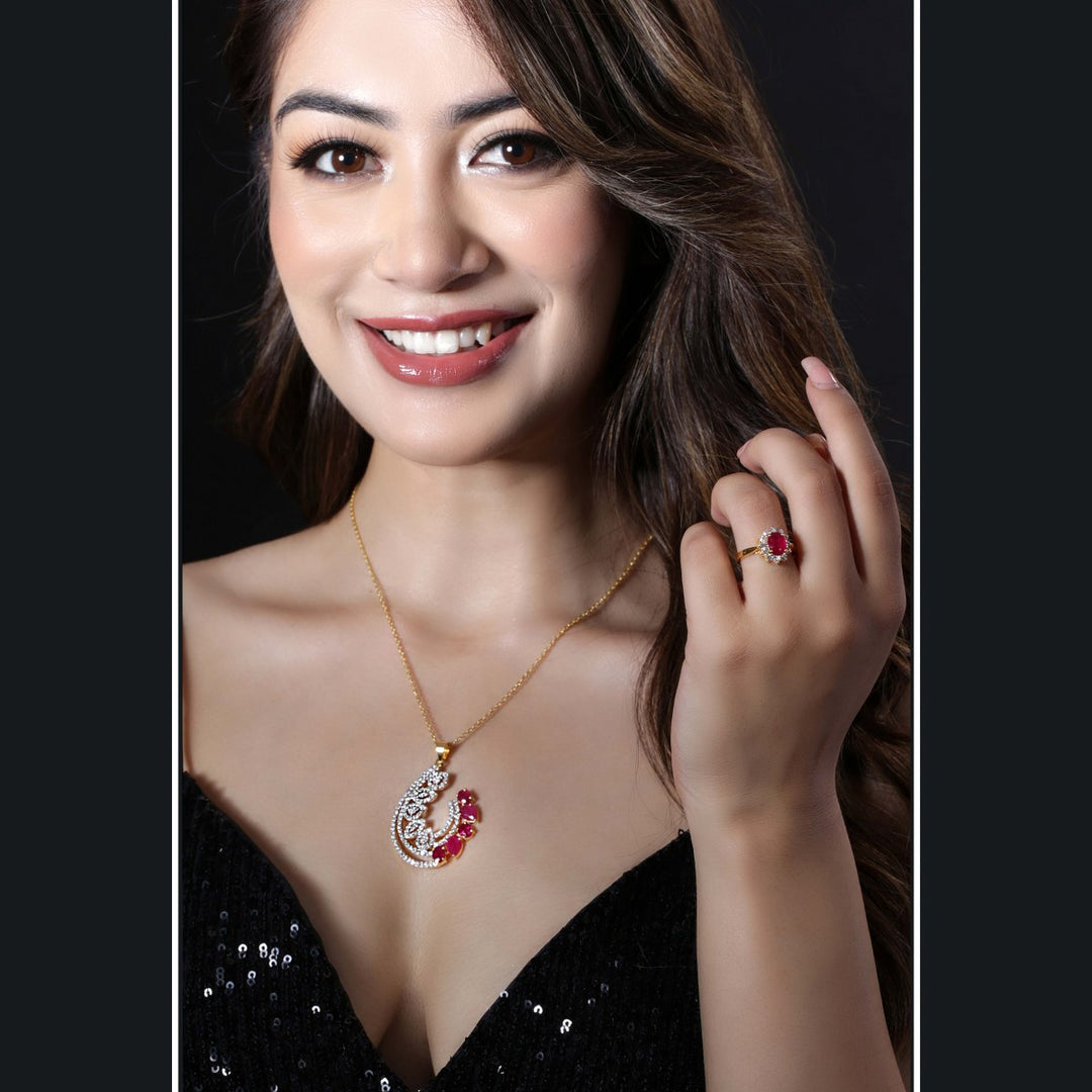 9K YG Women Cluster Diamond with Ruby Pendant- 1pc
