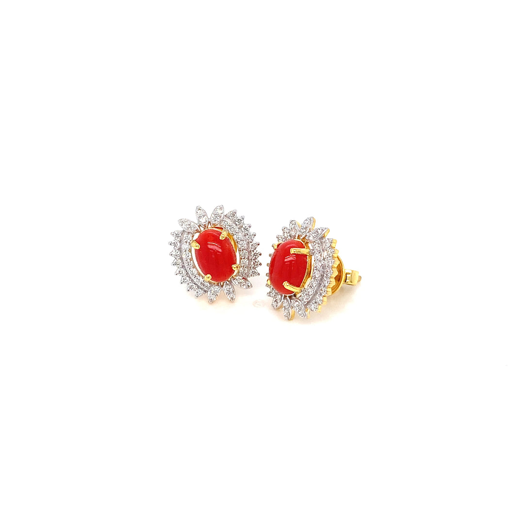 14K YG Cluster Diamond with Coral Earring- 1pair
