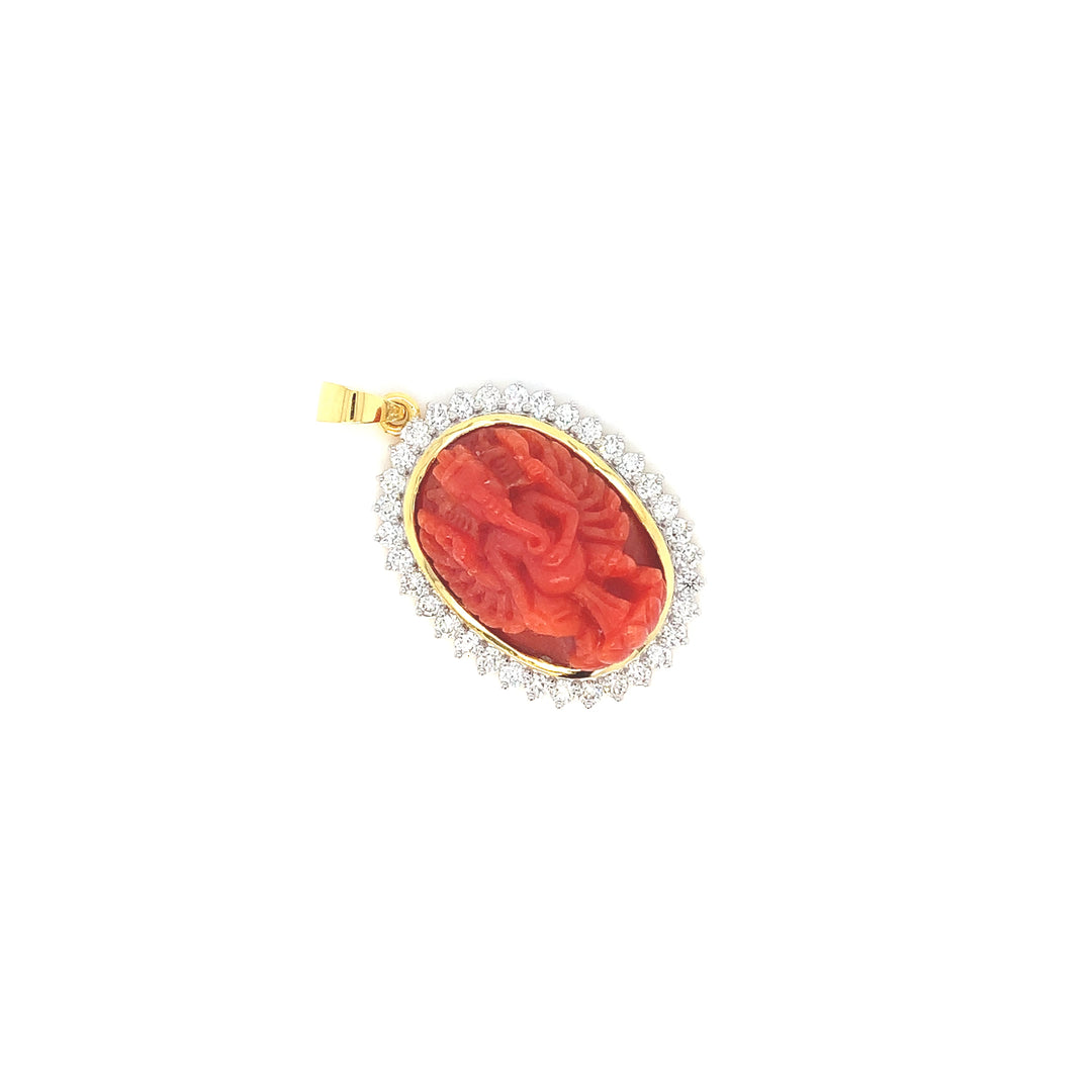18K YG Cluster Diamond with Coral Pendant- 1pc