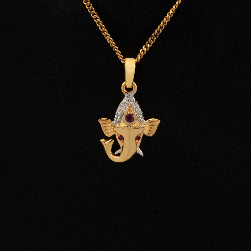 14K YG Ganesh Head Diamond with Ruby Pendant- 1pc