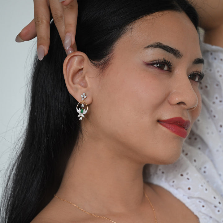 14K YG Cluster Diamond, Emerald Earring- 1pair