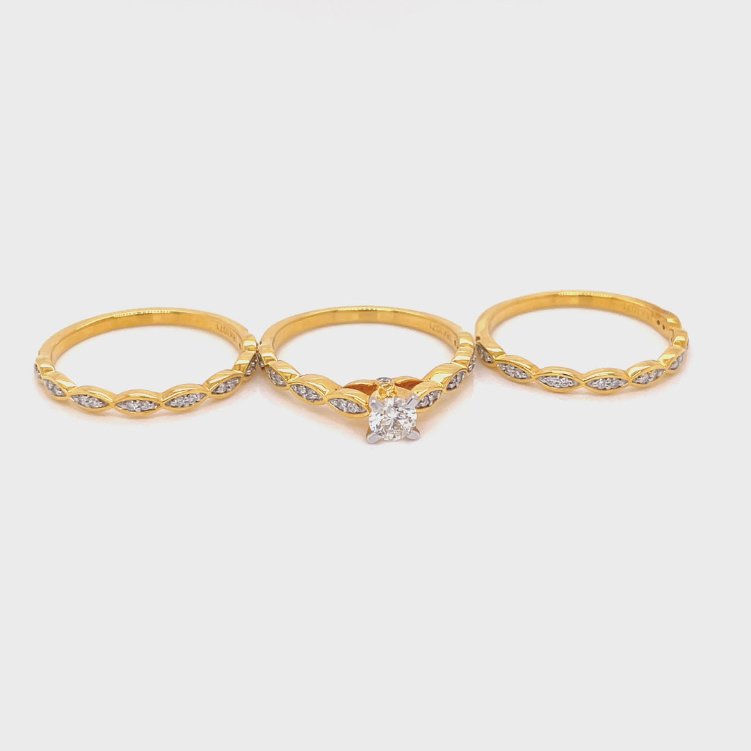 18K YG Centre Solitaire Triple Band Women Diamond Ring- 1PC