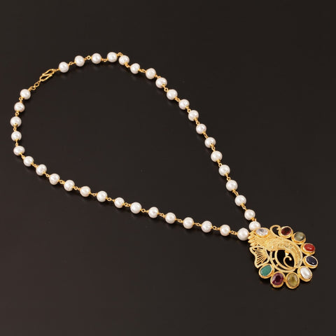 22K YG Women Navaratna With Pearl Ganesh Necklace-1pc