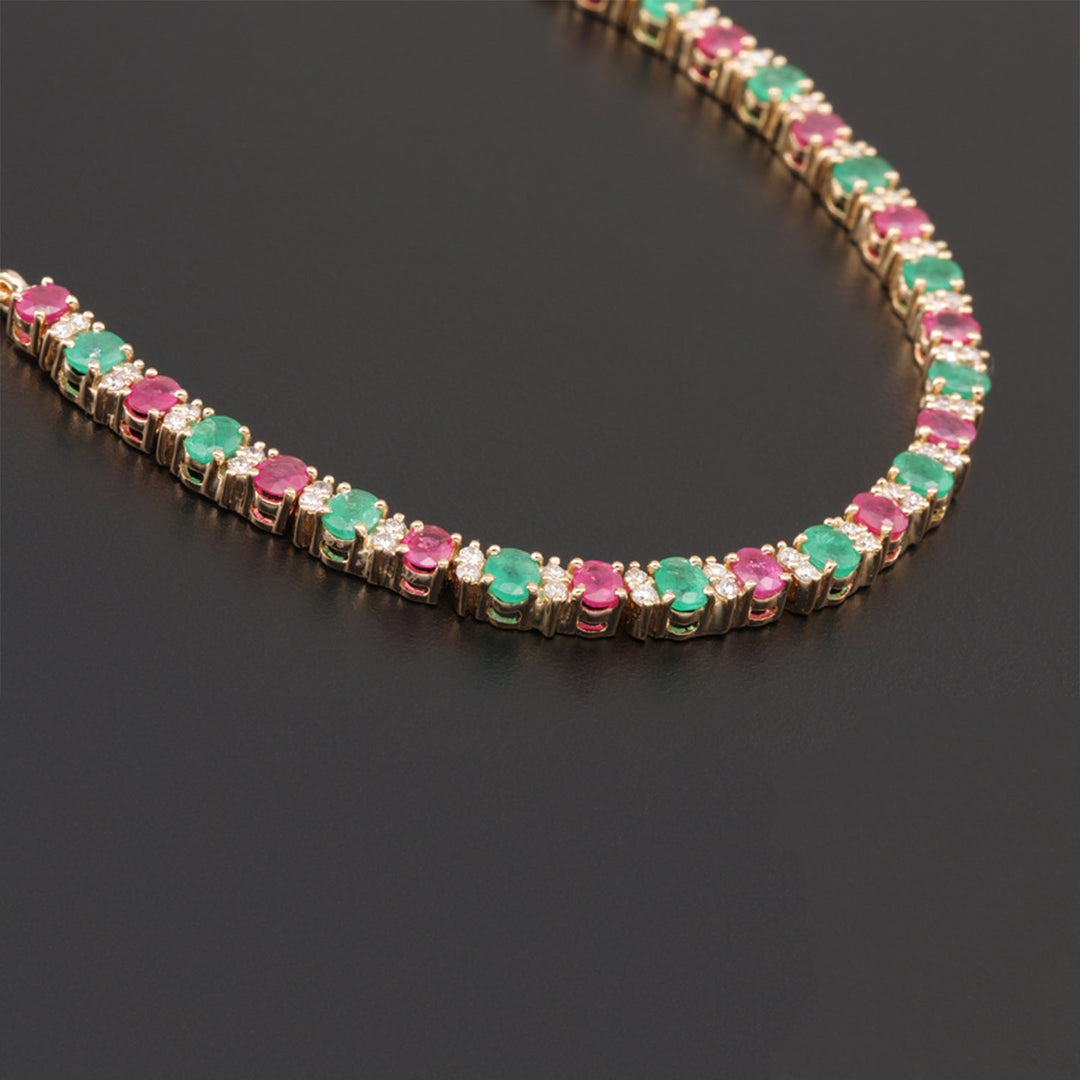 14K YG  Princess Diamond, Emerald and Ruby Necklace with 18K Chain-1pc