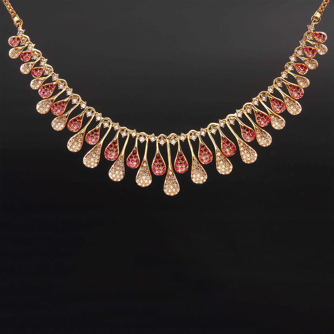 14K YG  Princess Diamond, Ruby Necklace with 18K Chain-1pc