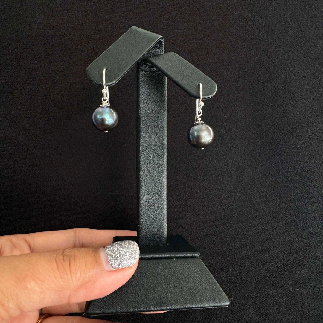 10mm Black FW Pearl Sterling Silver Hook Dangler Earring-1pair - RB Diamond Jewellers