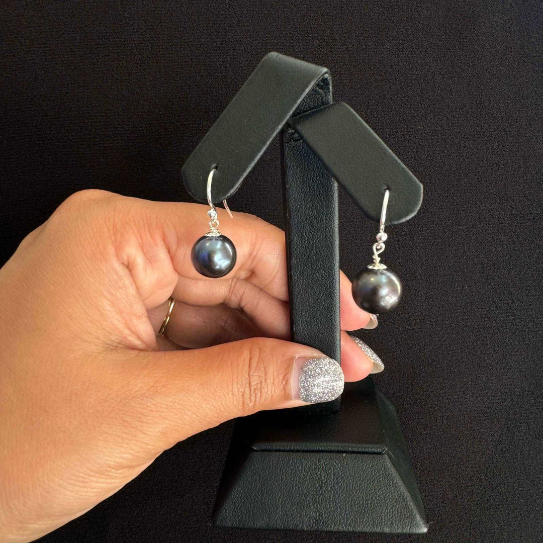 10mm Black FW Pearl Sterling Silver Hook Dangler Earring-1pair - RB Diamond Jewellers
