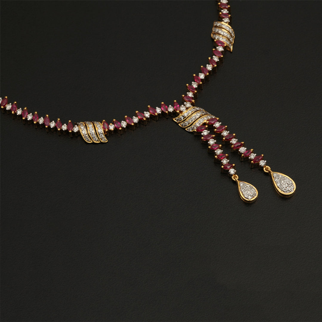 9K YG Princess Diamond, Ruby Necklace with 18K Chain-1pc
