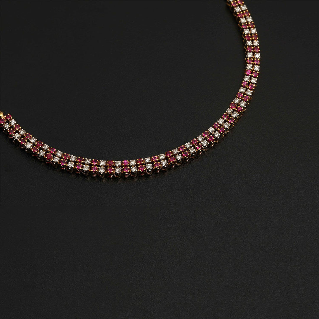 14K YG Princess Diamond, Ruby Necklace with 18K Chain-1pc
