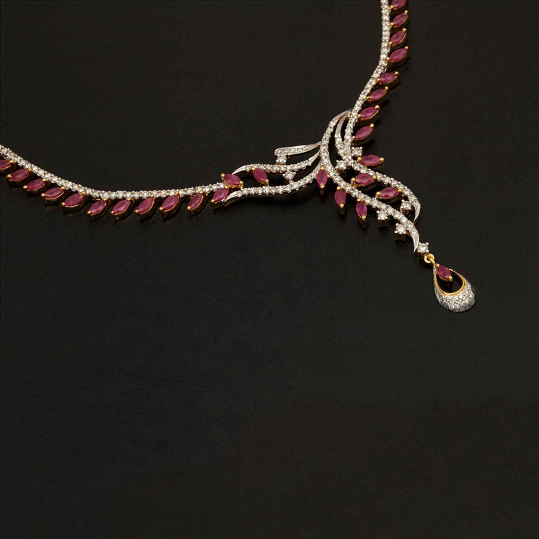 9K YG Princess Diamond, Ruby Necklace with 18K Chain-1pc