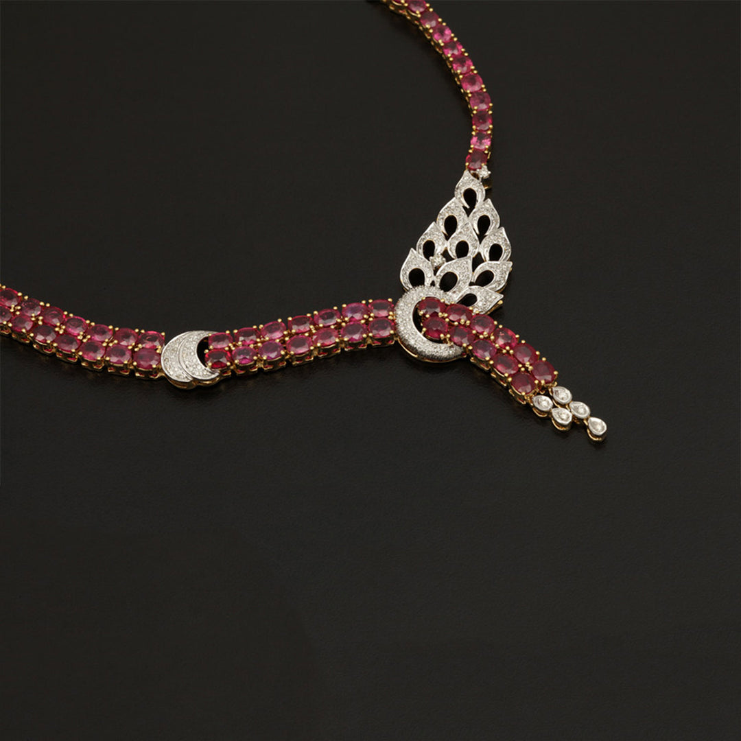 9K YG Princess Diamond, Ruby Necklace with 18K Chain-1pc