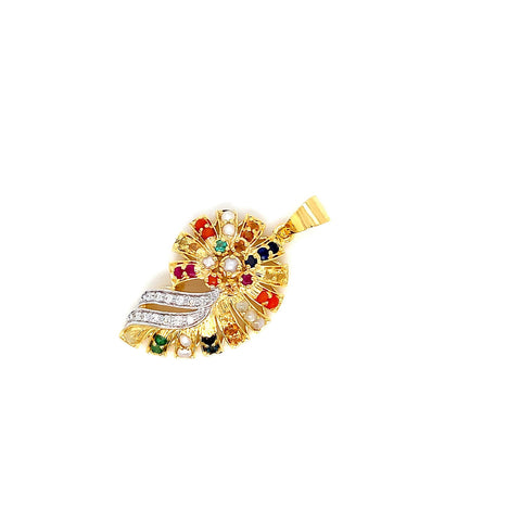 14K YG Cluster Diamond, Navaratna Pendant-1pc - RB Diamond Jewellers