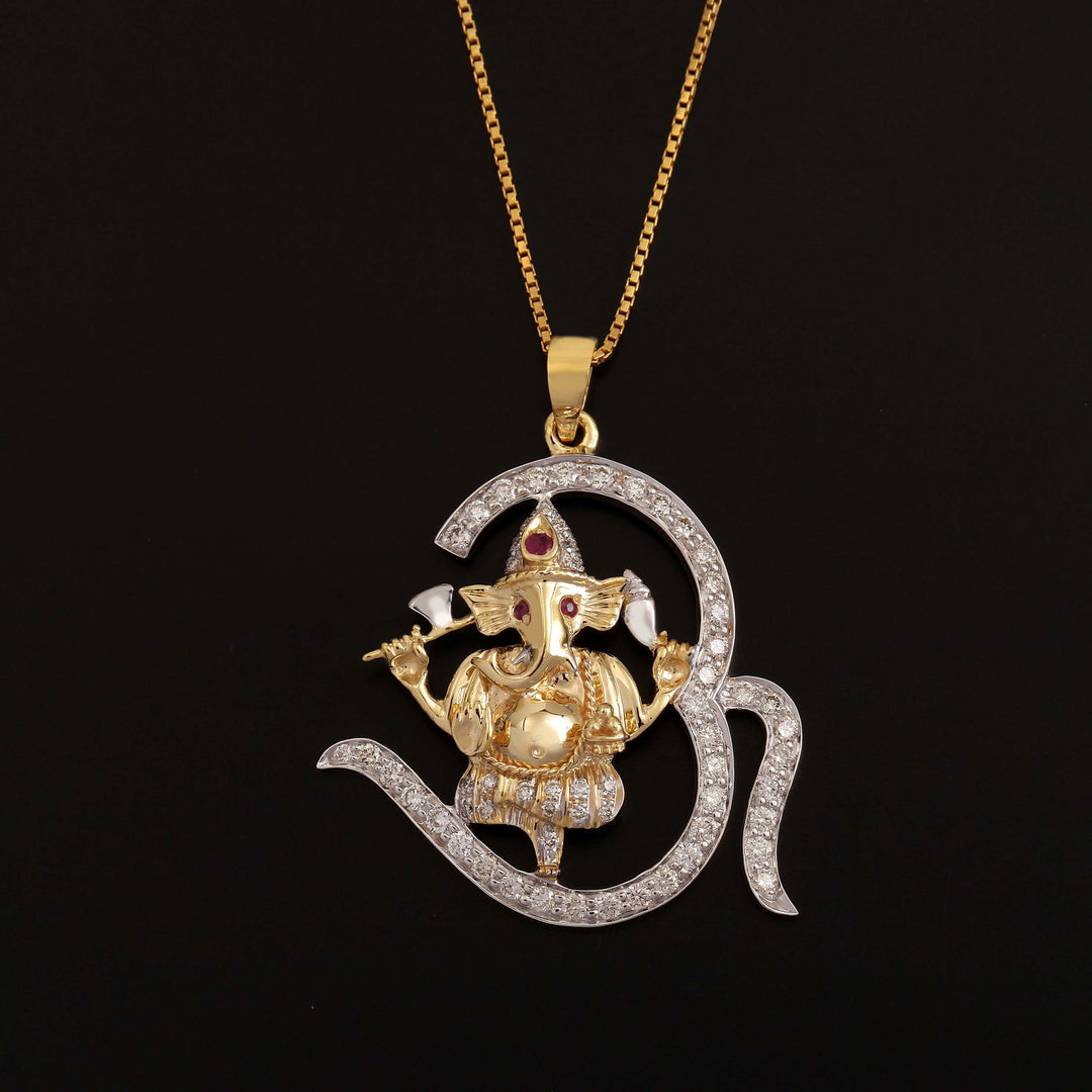 14K YG Om Ganesh Diamond with Ruby Pendant-1pc - RB Diamond Jewellers