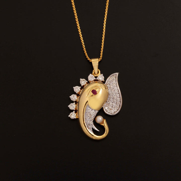 14K YG Unisex Ganesh Head Diamond with Ruby and Pearl Pendant-1pc - RB Diamond Jewellers