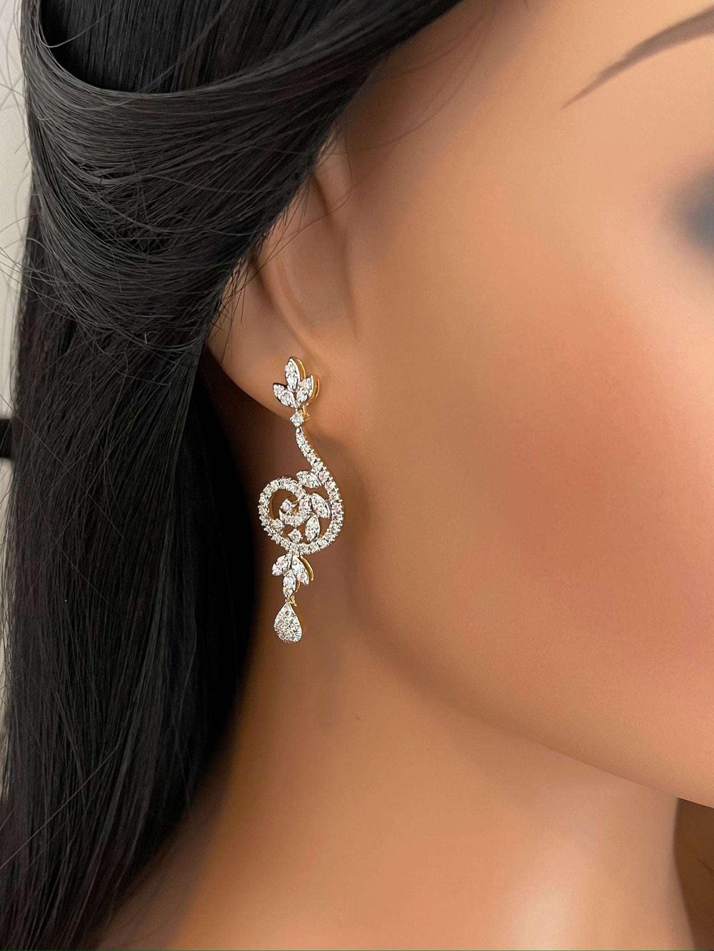 14K YG  Women Long Diamond Earring-1Pair - RB Diamond Jewellers
