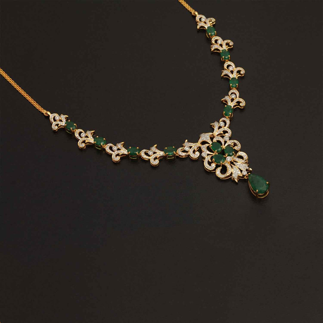 9K YG Princess Diamond, Emerald Necklace with 18K Chain-1pc