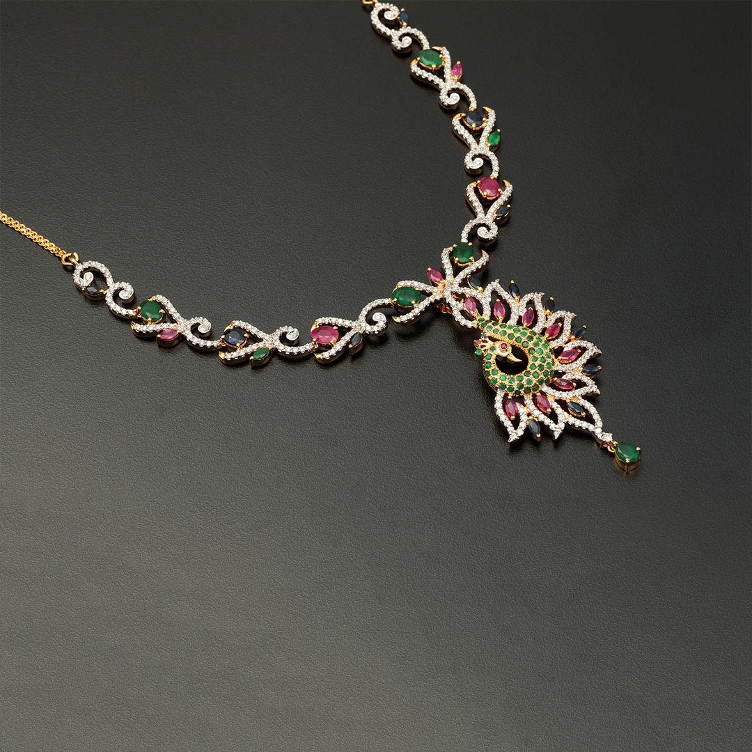 14K YG  Princess Diamond, Emerald and Ruby Necklace with 18K Chain-1pc
