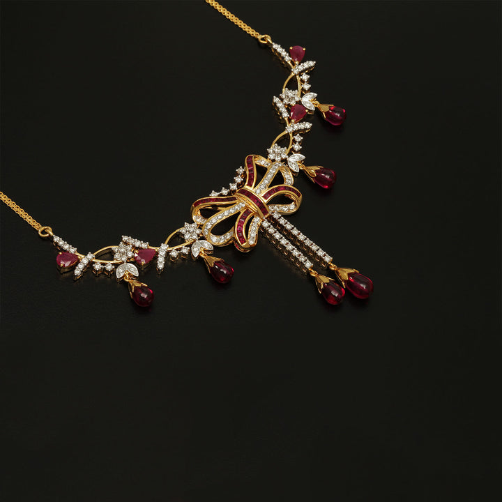 14K YG  Princess Diamond, Ruby Necklace with 18K Chain-1pc