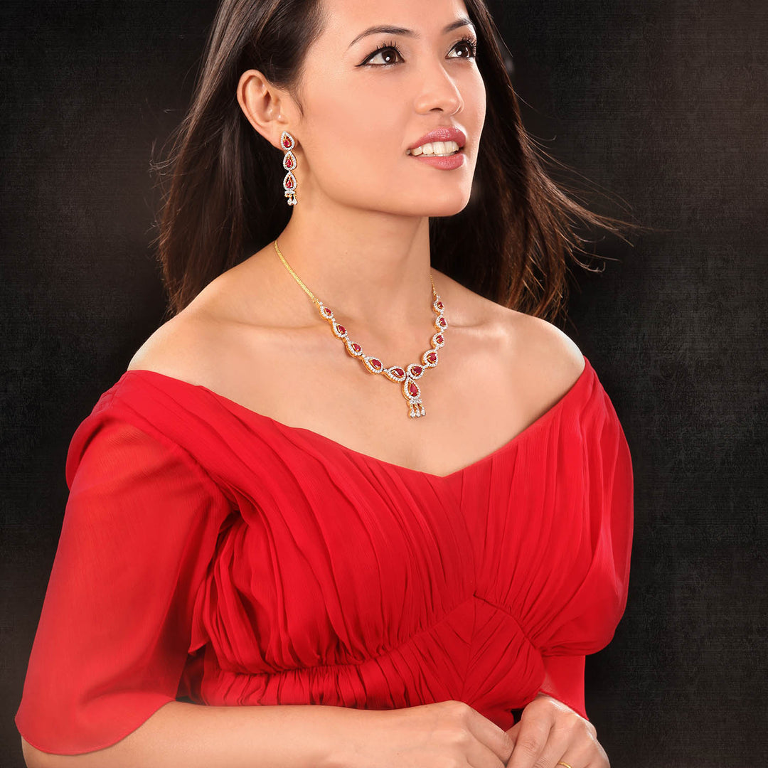 9K YG Princess Diamond, Ruby Necklace with 18K Chain-1pc