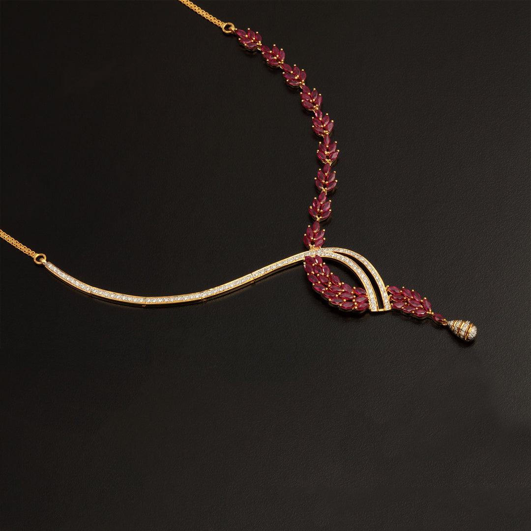 14K YG  Princess Diamond, Ruby Necklace with 18K Chain-1pc