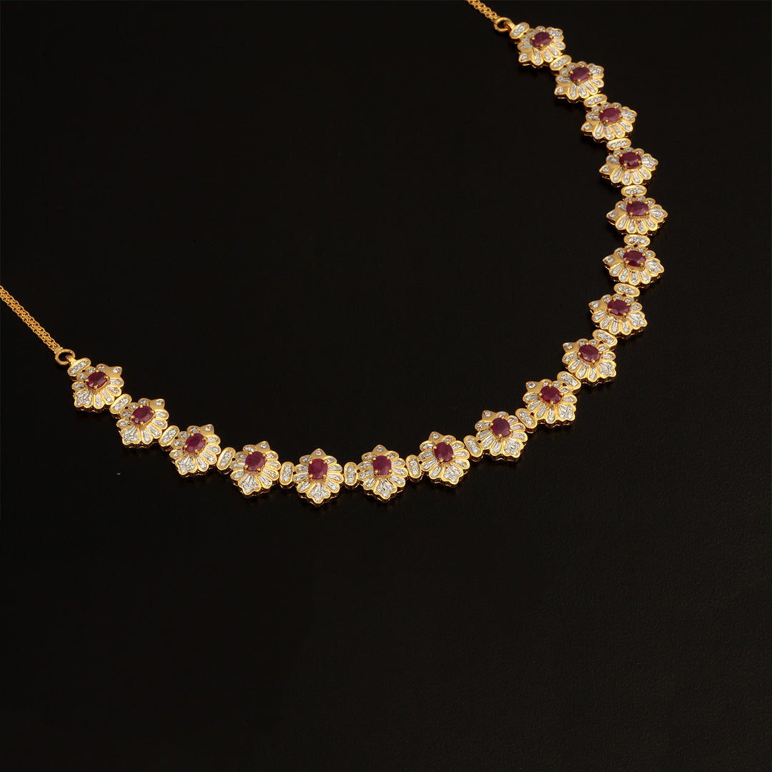 14K YG  Princess Diamond, Ruby Necklace with 18K Chain-1pc