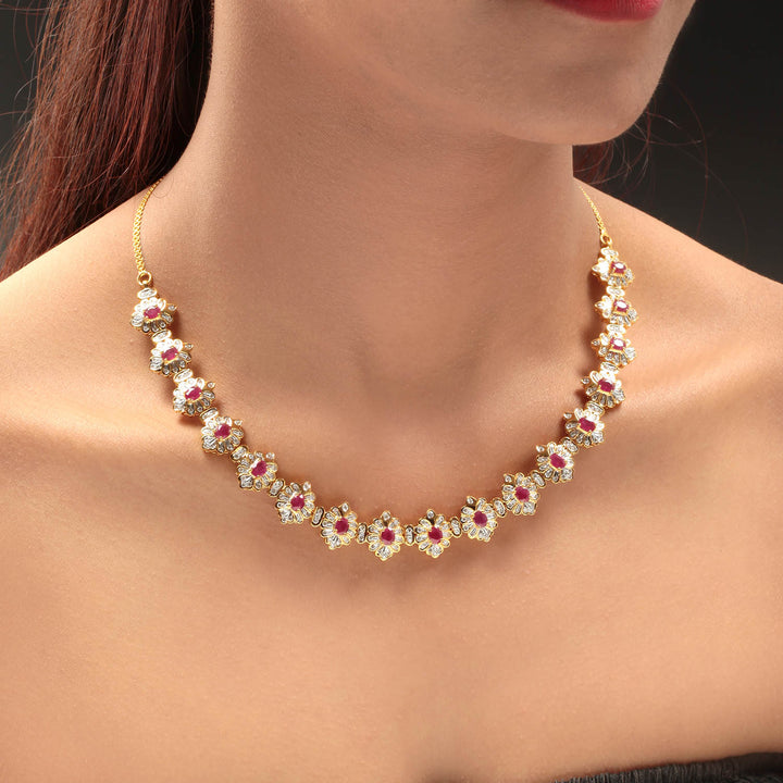 14K YG  Princess Diamond, Ruby Necklace with 18K Chain-1pc