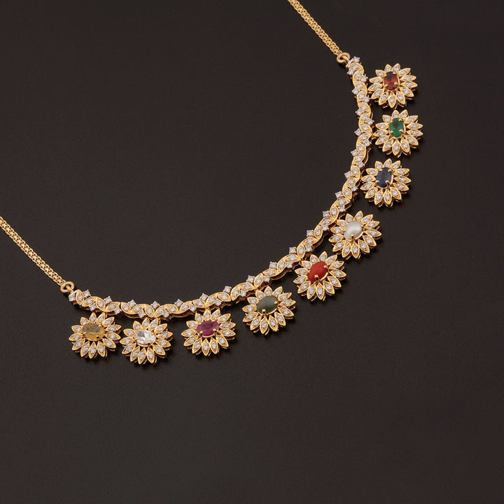 14K YG Princess Diamond, Navaratna Necklace with 18K Chain-1pc