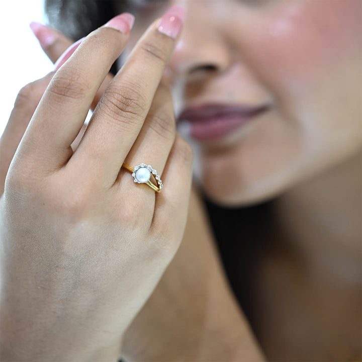 18K YG Cluster Diamond Pearl Ring-1pc