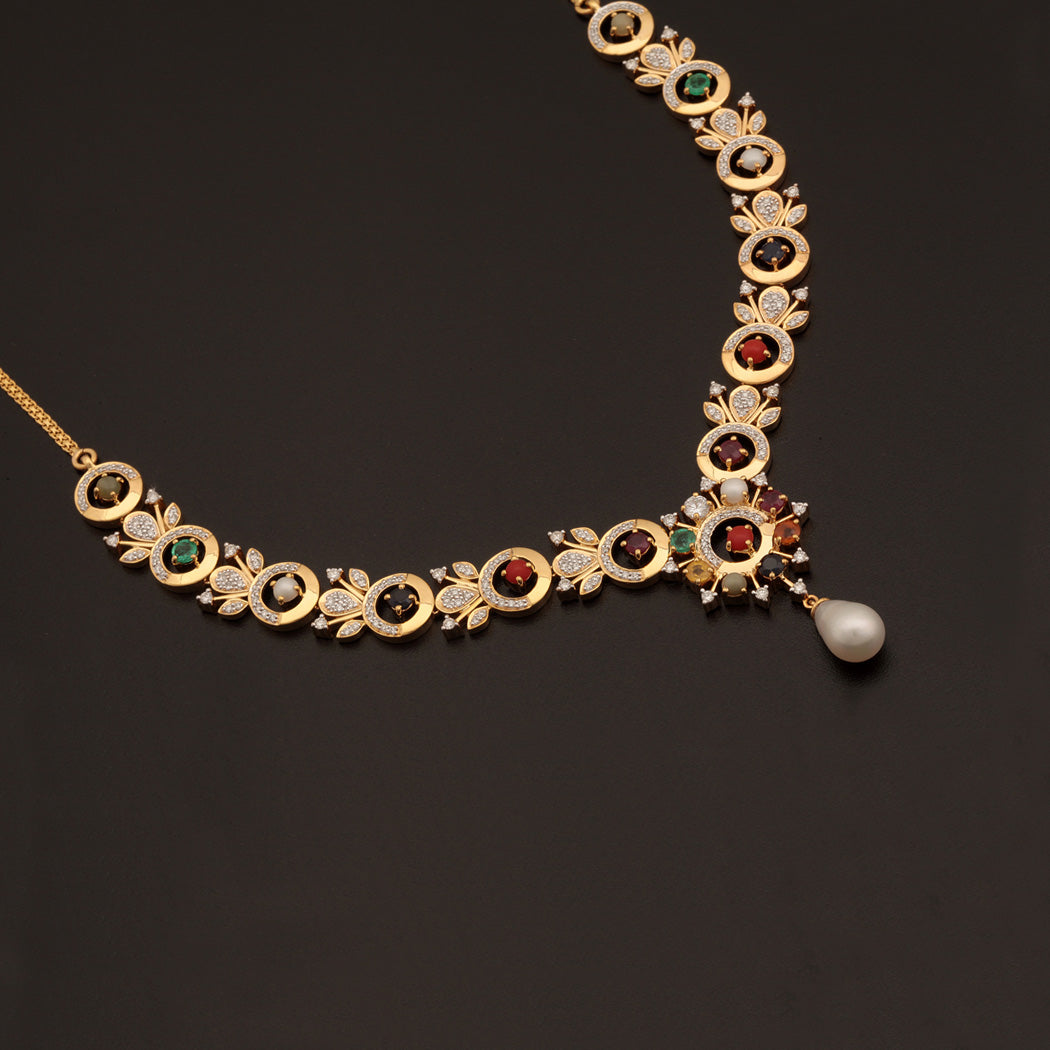 14K YG Princess Diamond, Navaratna Necklace with 18K Chain-1pc