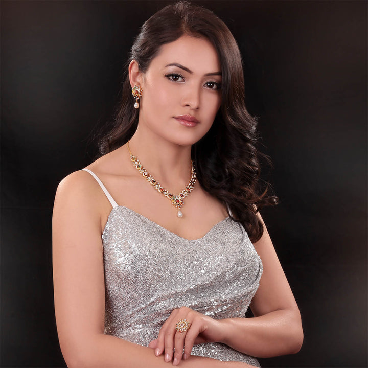 14K YG Princess Diamond, Navaratna Necklace with 18K Chain-1pc