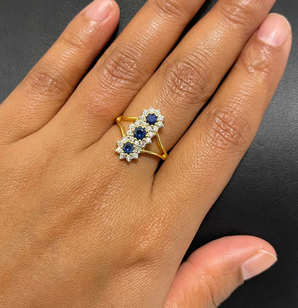 18K YG Prong Set Star Classic Women Diamond with Blue Sapphire Ring-1PC - RB Diamond Jewellers