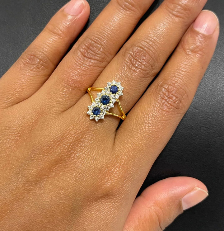 18K YG Prong Set Star Classic Women Diamond with Blue Sapphire Ring-1PC - RB Diamond Jewellers
