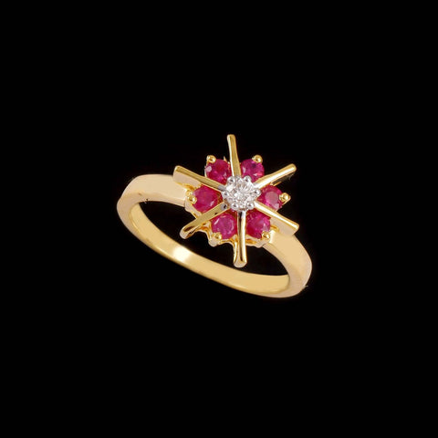 18K YG  Prong Bar Set Medium Round  Ruby Classic  Nakshatra Women Diamond Ring - 1 pc - RB Diamond Jewellers