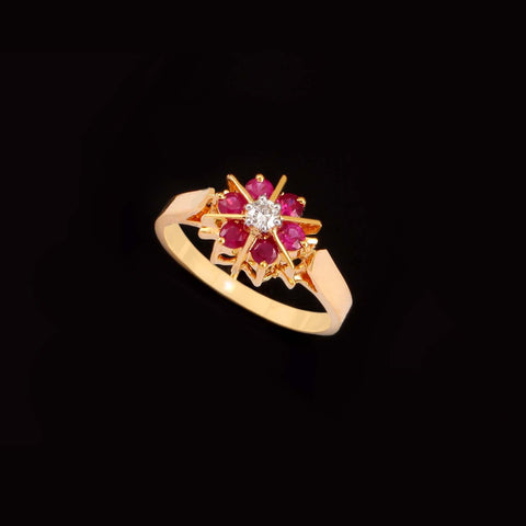 18K YG Prong Bar Set Medium Round Ruby Classic Nakshatra Women Diamond Ring. - RB Diamond Jewellers