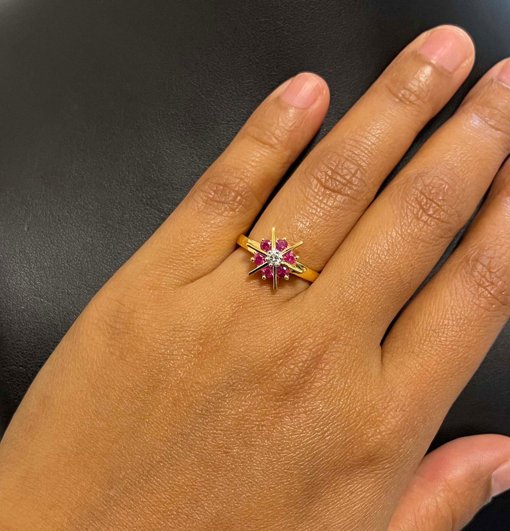 18K YG  Prong Bar Set Medium Round  Ruby Classic  Nakshatra Women Diamond Ring - 1 pc - RB Diamond Jewellers